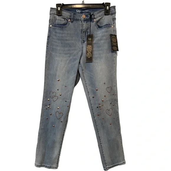 DG2 New Classic Stretch Denim Embellished Heart Jeans Chambray 6 New - Picture 2 of 16